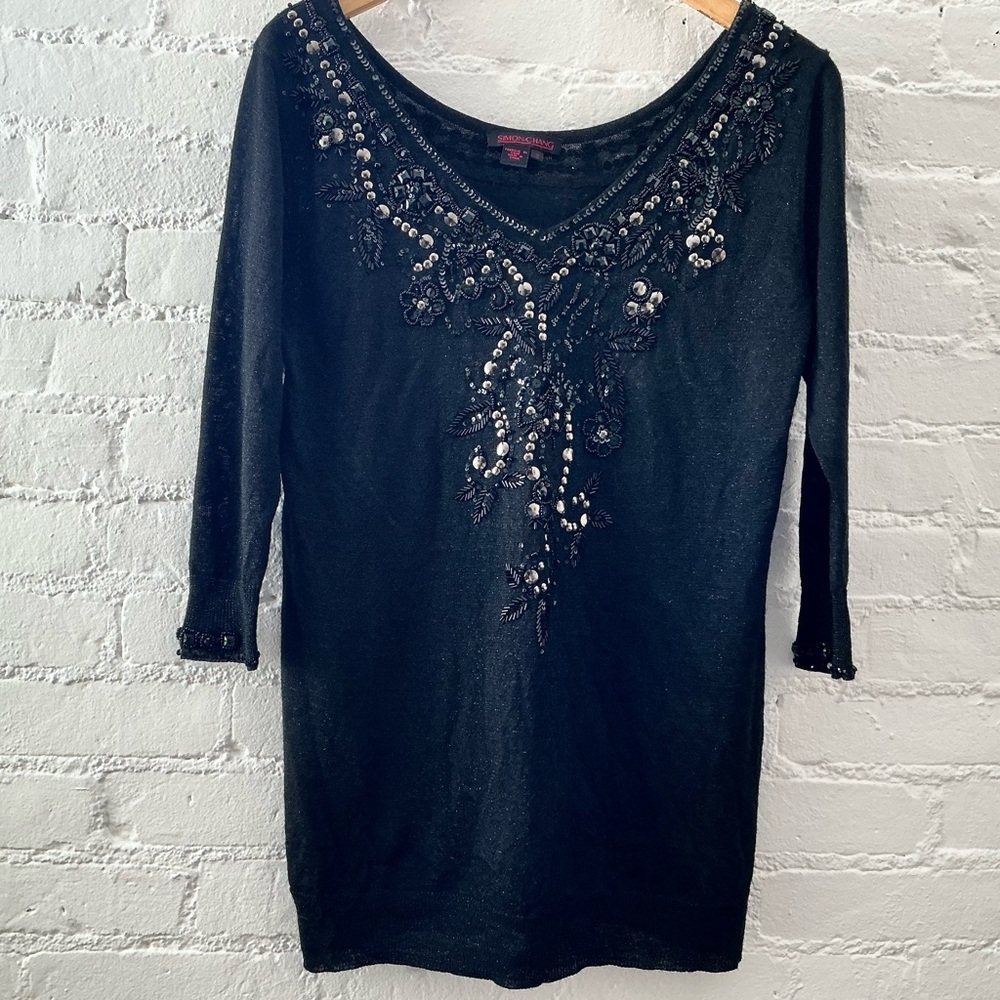 Simon Chang Black Beaded Scoop Neck Knit Tunic Sweater Wool Blend Ornate Glam S